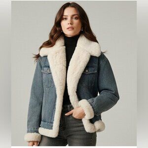 Blue Washed Denim  Faux Fur Jacket